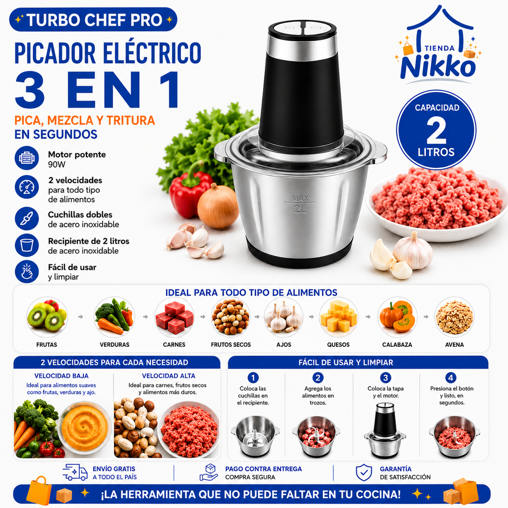 TURBOCHEF PRO™ – Molino Picador Eléctrico 2 Litros